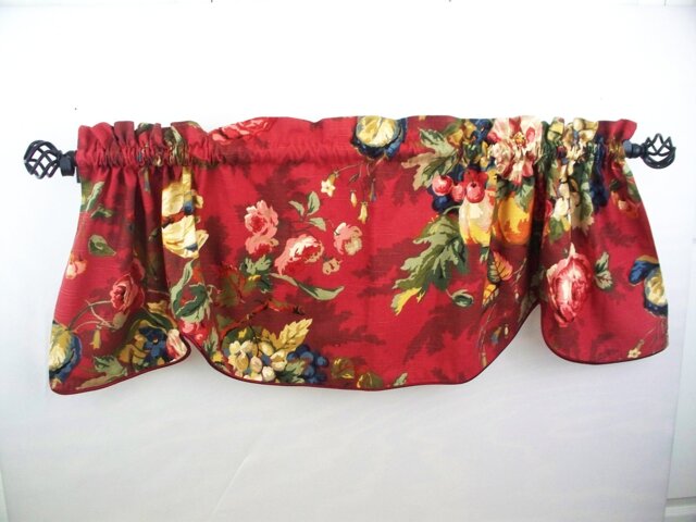 Red Floral Valance, Scalloped Window Topper, Corded Trim - image 1