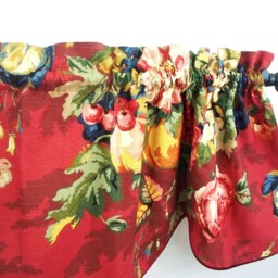 Red Floral Valance, Scalloped Window Topper, Corded Trim - thumbnail 2