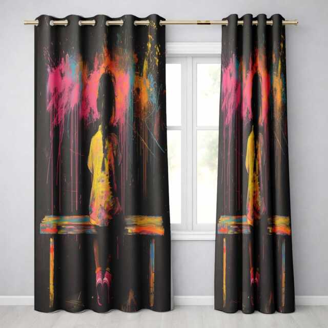 Girl Sitting On Bench Colour Splash Graffiti Bold Striking Artwork For Home Decor Readymade Eyelet Ring Top Thermal 100% Blackout Curtains - image 1