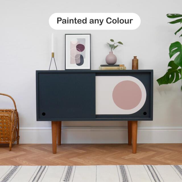 Mid Century Style Record Cabinet Navy Vinyl Storage With Retro Pattern - image 1