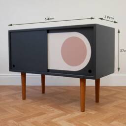 Mid Century Style Record Cabinet Navy Vinyl Storage With Retro Pattern - thumbnail 2