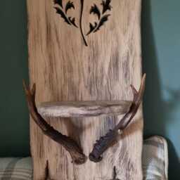 Handmade - Single Solid Oak Candle Sconce With Real Roe Deer Antlers & Thistle Cut Out Detail . Holder Not Included - thumbnail 3