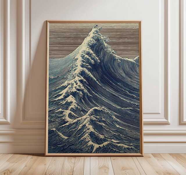 Ocean Wave Wall Art, Japanese Style Poster, Nautical Seascape Print, Coastal Beach House Decor, Rustic Artwork, Blue Sea Art - image 1