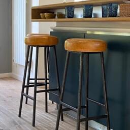 Handmade Leather Bar Stool Industrial Style, Custom Height, Steel Frame - thumbnail 2