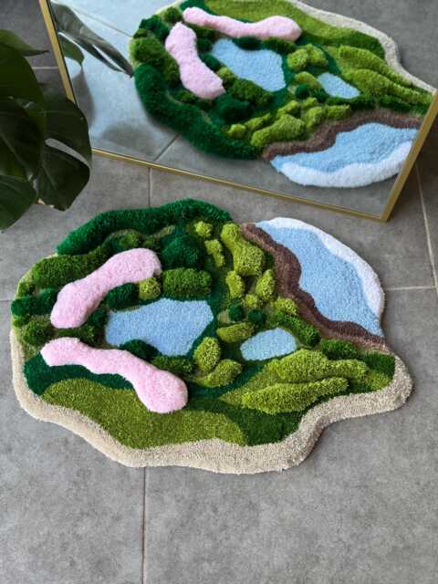 3D Forest Meets Coast Handmade Tufted Rug - Nature Inspired Fluffy Landscape Sculptural Fiber Art Carpet - image 1