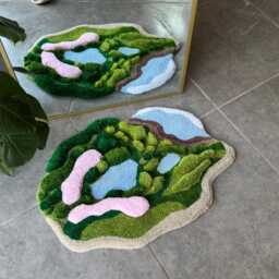 3D Forest Meets Coast Handmade Tufted Rug - Nature Inspired Fluffy Landscape Sculptural Fiber Art Carpet - thumbnail 3