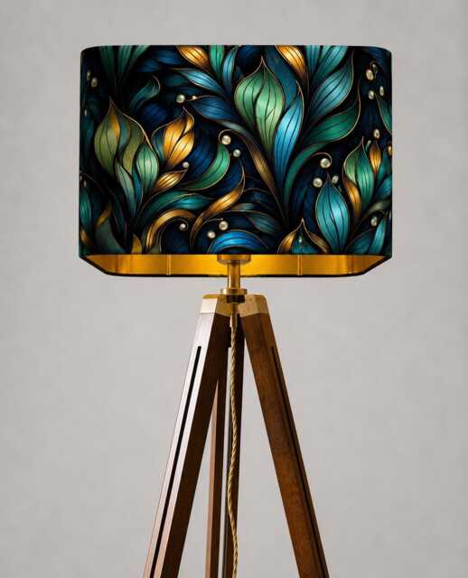 Handmade By Order Peacock Teal Blue Digital Flower Leaves Plant Pattern On Velvet Rounded Rectangular Table & Ceiling Lamp Shade All Sizes - image 1