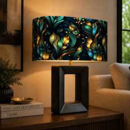Handmade By Order Peacock Teal Blue Digital Flower Leaves Plant Pattern On Velvet Rounded Rectangular Table & Ceiling Lamp Shade All Sizes - thumbnail 2