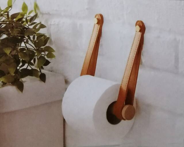 Scandinavian Style Brown Leatherette & Wood Toilet Loo Roll Paper Holder Wall Mounted, Bathroom Decor - image 1