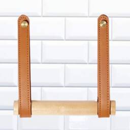 Scandinavian Style Brown Leatherette & Wood Toilet Loo Roll Paper Holder Wall Mounted, Bathroom Decor - thumbnail 2