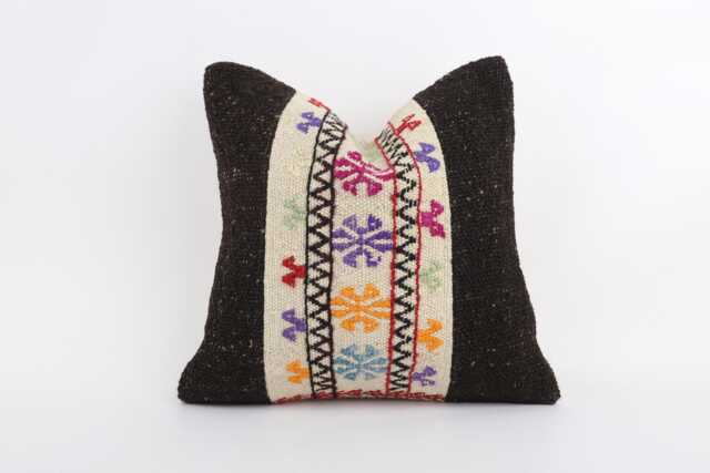 Vintage Turkish Kilim Pillow Cover Handwoven Wool Throw - 16x16 - image 1