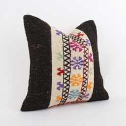 Vintage Turkish Kilim Pillow Cover Handwoven Wool Throw - 16x16 - thumbnail 3