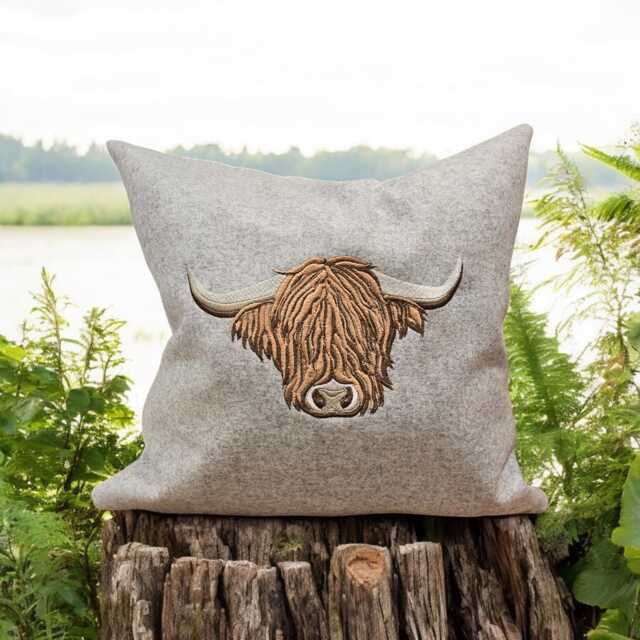 Highland Cow, Wool, Embroidered, Zipped, Hand Made Cushion, Country Home, Holiday Home Decor, Gift 45 X cms - image 1