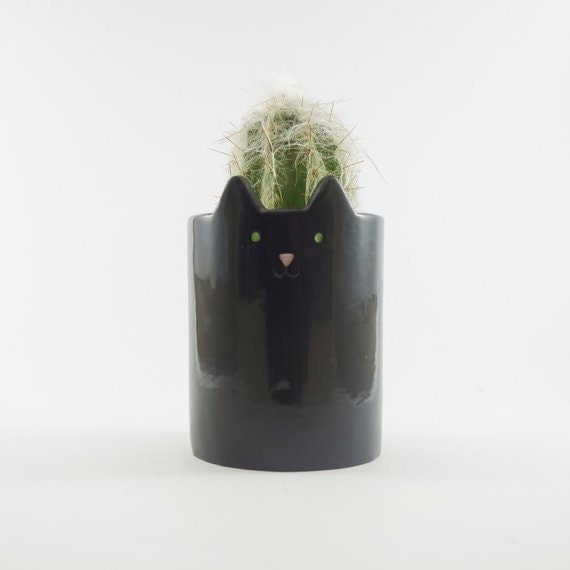 Black Kitty Planter, Ceramic Cat, Pen Holder Or Plant Pot For Cactus, Cat Planter - image 1