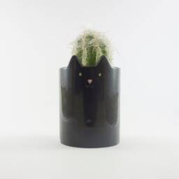 Black Kitty Planter, Ceramic Cat, Pen Holder Or Plant Pot For Cactus, Cat Planter
