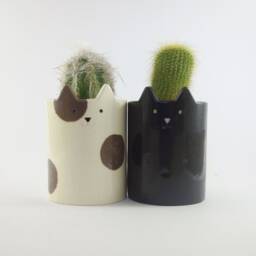 Black Kitty Planter, Ceramic Cat, Pen Holder Or Plant Pot For Cactus, Cat Planter - thumbnail 4