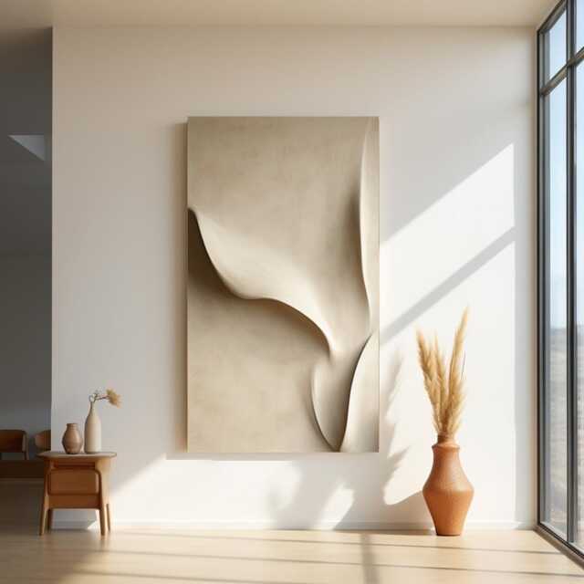 Beige Waves Wood Carving Wall Painting Art Sculpture Textured Decor Large Original Abstract 3D