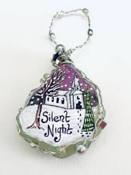 Hand-Painted Sea Glass Christmas Ornament Silent Night Church Scene