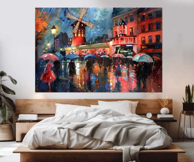 Abstract Paris Painting Canvas Print, Street Romantic Wall Art, Windmill Painting, Framed & Ready To Hand - image 1
