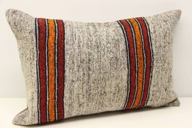 Vintage Turkish Kilim Pillow Cover, Wool Lumbar Cushion - 16x24 Inch - image 1