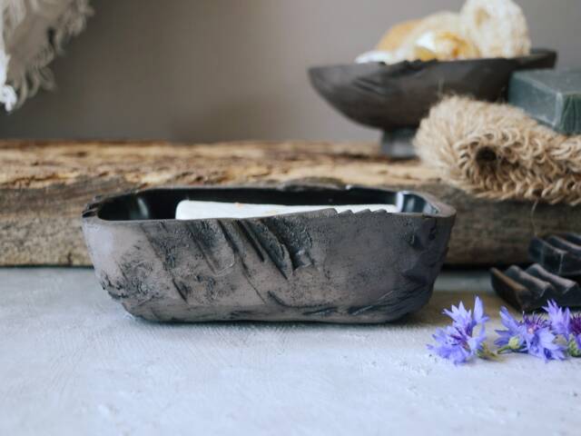Black Draining Soap Dish, Handmade Pottery Tray With Drain For Wabi Sabi Bathroom, Matte Japanese Ceramics Bar - image 1