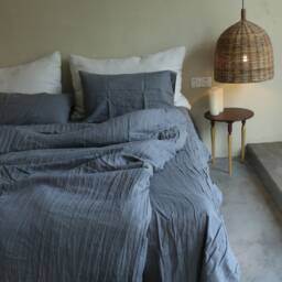 Set Of 3 Stone Washed Pure Linen Bed Set Duvet Cover + 2 Pillowcases Dark Gray