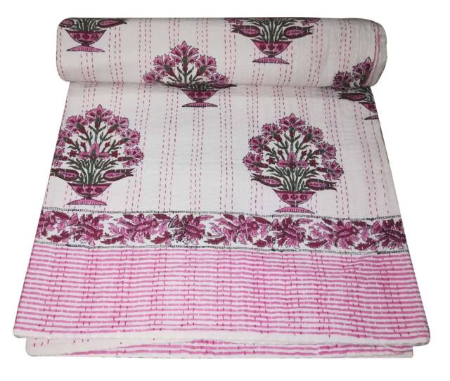 Hand Block Print Queen Kantha Quilt, Reversible Cotton Bedspread - image 1