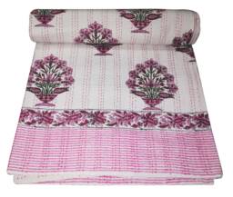 Hand Block Print Queen Kantha Quilt, Reversible Cotton Bedspread - thumbnail 1
