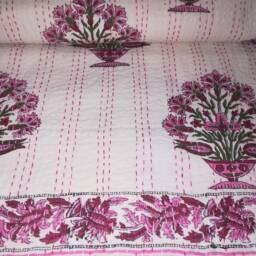 Hand Block Print Queen Kantha Quilt, Reversible Cotton Bedspread - thumbnail 3