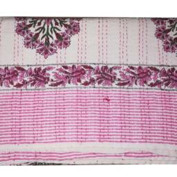 Hand Block Print Queen Kantha Quilt, Reversible Cotton Bedspread - thumbnail 2