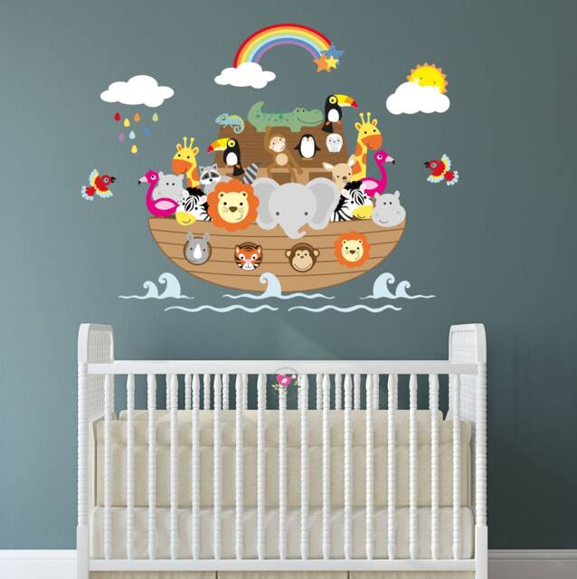 Noah's Ark Fabric Wall Stickers Jungle Animals, Rainbow Nursery Decor - image 1