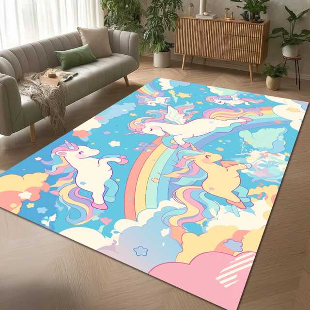 Pastel Unicorn Rainbow Sky Rug - Kawaii Kids Room Floor Mat - image 1
