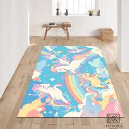 Pastel Unicorn Rainbow Sky Rug - Kawaii Kids Room Floor Mat - thumbnail 3