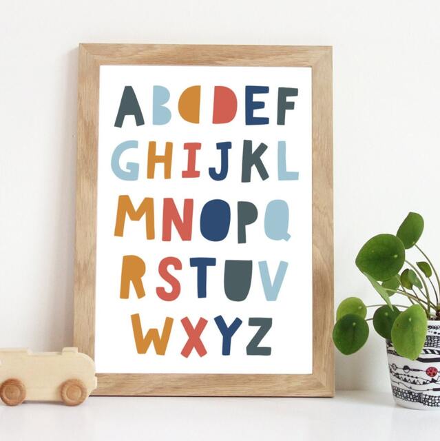 Alphabet Print, Boys Nursery Prints, Playroom Decor, Wall Art, Bedroom Blue & Mustard, Kids Art - image 1