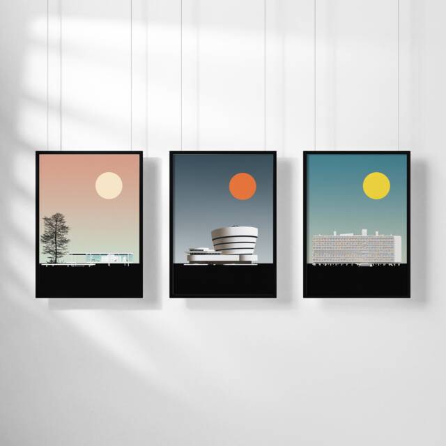 Modernist Gallery Art Print Set - Modern Architecture Graphic Illustration Frank Lloyd Wright, Mies Van Der Rohe, Le Corbusier - image 1