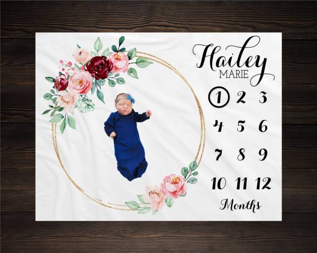 Burgundy & Pink Floral Baby Milestone Blanket, Monthly Growth Tracker, Shower Gift, Keepsake Girl Wreath Blanket - image 1