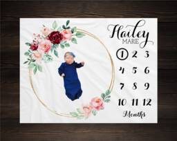 Burgundy & Pink Floral Baby Milestone Blanket, Monthly Growth Tracker, Shower Gift, Keepsake Girl Wreath Blanket