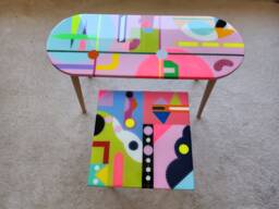 Colorful Resin Coffee Tables, Modern Hand Painted Pink Art Design Side Tables - thumbnail 1