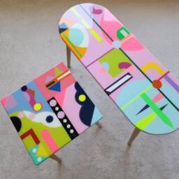 Colorful Resin Coffee Tables, Modern Hand Painted Pink Art Design Side Tables - thumbnail 3