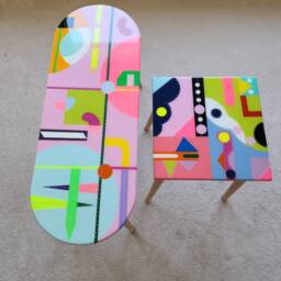 Colorful Resin Coffee Tables, Modern Hand Painted Pink Art Design Side Tables - thumbnail 3