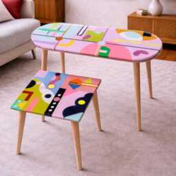 Colorful Resin Coffee Tables, Modern Hand Painted Pink Art Design Side Tables - thumbnail 4
