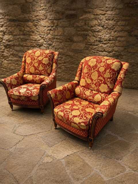 English Country House Armchairs - Red Damask Upholstered Reclining Fireside Chairs - image 1