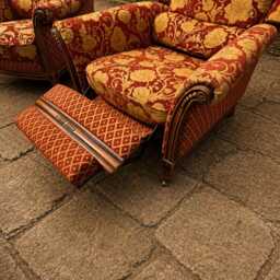 English Country House Armchairs - Red Damask Upholstered Reclining Fireside Chairs - thumbnail 4