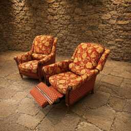 English Country House Armchairs - Red Damask Upholstered Reclining Fireside Chairs - thumbnail 3