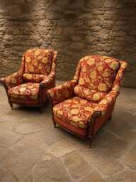 English Country House Armchairs - Red Damask Upholstered Reclining Fireside Chairs - thumbnail 1