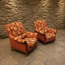 English Country House Armchairs - Red Damask Upholstered Reclining Fireside Chairs - thumbnail 2