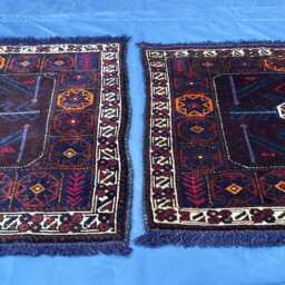 Small Baluchi Rug Set 2x3.5, Handmade Afghan Pair Mini Rugs, Dark Navy Red Tribal Rug, Wool Chair Mat Accent Geometric Nomadic Decor - thumbnail 3