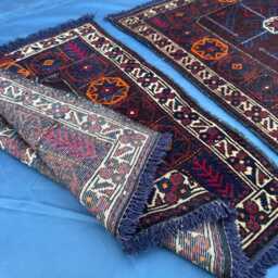 Small Baluchi Rug Set 2x3.5, Handmade Afghan Pair Mini Rugs, Dark Navy Red Tribal Rug, Wool Chair Mat Accent Geometric Nomadic Decor - thumbnail 4