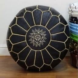 Premium Genuine Leather Moroccan Pouf Pouffe - Black - thumbnail 3