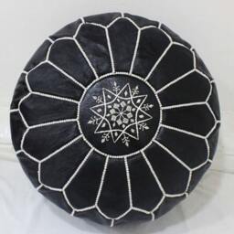 Premium Genuine Leather Moroccan Pouf Pouffe - Black - thumbnail 2